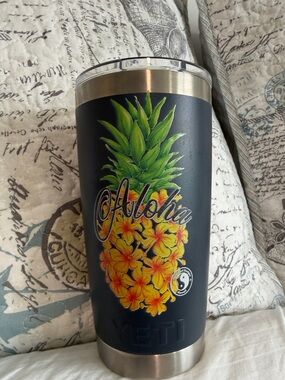 Yeti Black Tumbler with Green & Yellow Pineapple Aloha Design